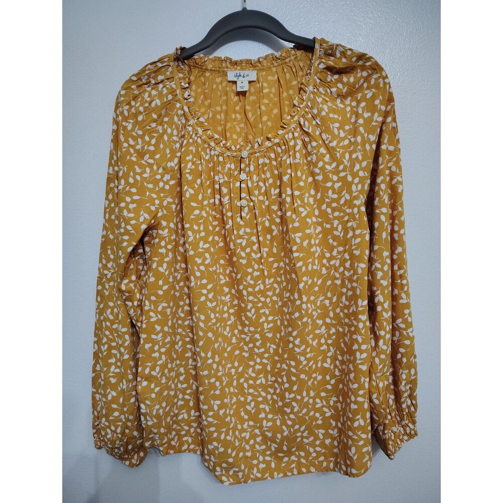 Style & Co Mustard Yellow White Floral Peasant Blouse Ruffle Boho Top Medium - Picture 2 of 6